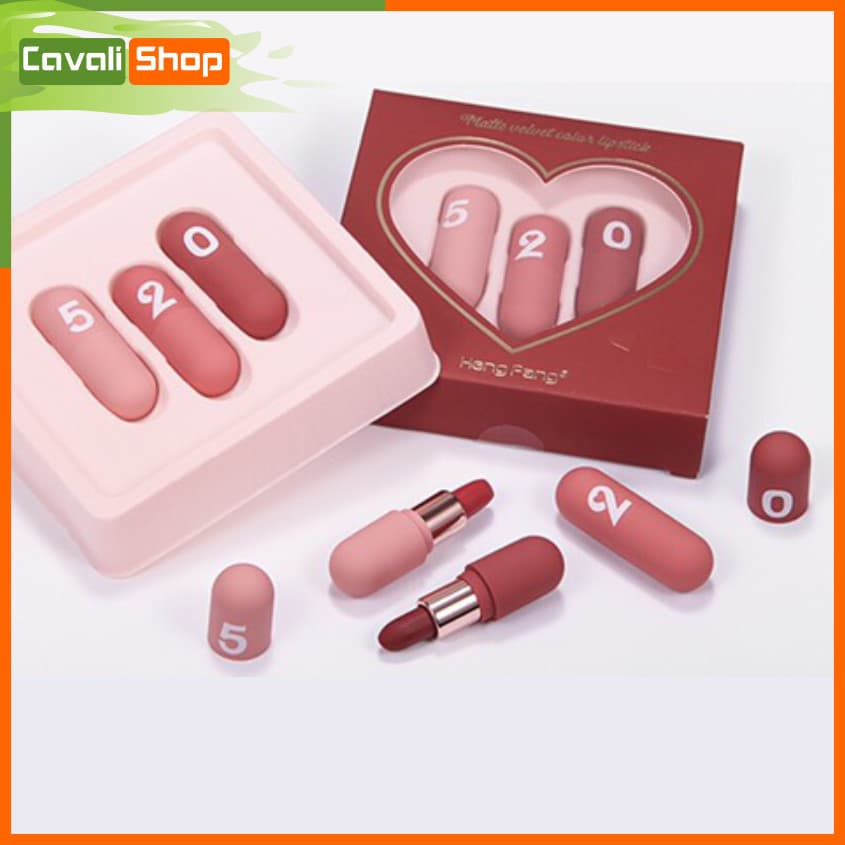 [TẶNG KÈM SON DƯỠNG TRÁI CÂY] Set son 3 cây Hengfang 520 - Cavali - thiết kế hình trụ đáng yêu chất son lì không khô môi kháng nước
