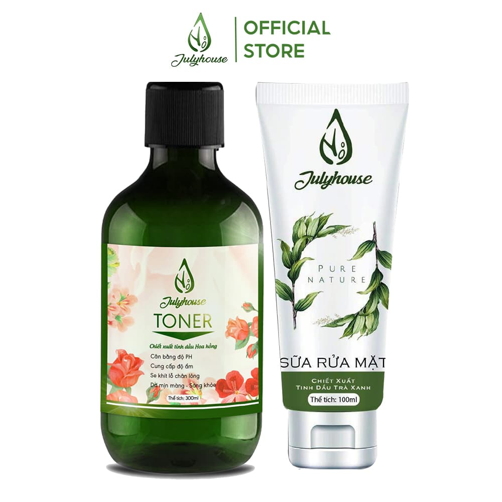 [HCM]Combo cơ bản: Sữa rửa mặt tinh dầu Trà Xanh 100ml và Toner tinh dầu Hoa Hồng 300ml làm sạch sâu da mặt JULYHOUSE