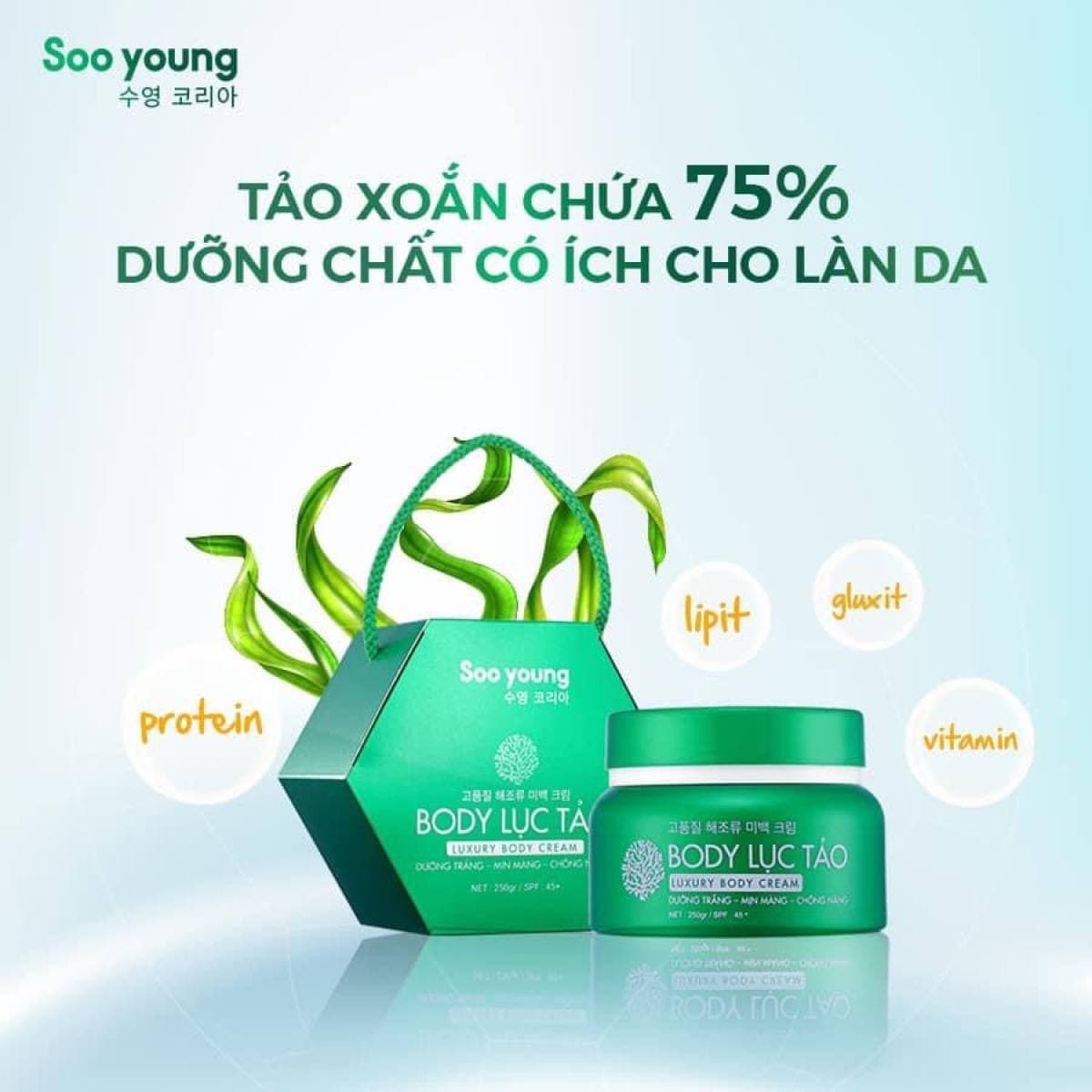 [HCM][Chính Hãng] Kem Body Lục Tảo SOO YOUNG KOREA - 250 Gram - Dưỡng Da Nâng Tone Thần Tốc Gúp Da Đàn Hồi Mịn Màn Tươi Trắng Thúc Đẩy Quá Trình Tái Tạo Sản Sinh Tế Bào Da Mạnh Mẽ