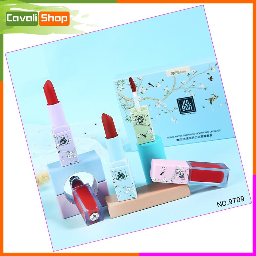 [TẶNG KÈM NƯỚC HOA 20ML] Set son Julbon Surge Water 4 cây - Cavali - gồm 2 son kem + 2 son thỏi lì mịn màu chuẩn - Tặng kèm gương mini