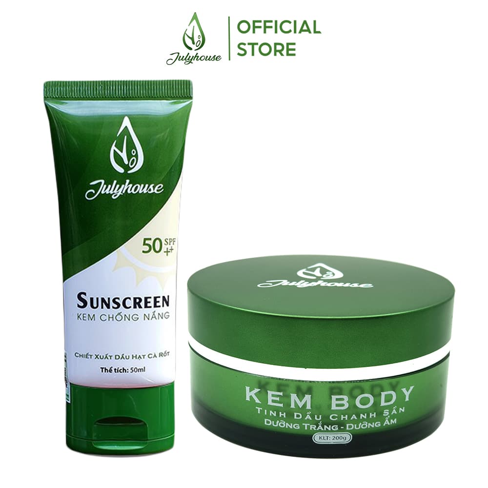 [HCM]Combo Dưỡng Trắng Toàn Thân: Kem Body chiết xuất từ Tinh dầu Chanh Sần 200g JULYHOUSE - Kem Chống Nắng Chiết xuất từ Hạt Cà Rốt 50ml JULYHOUSE