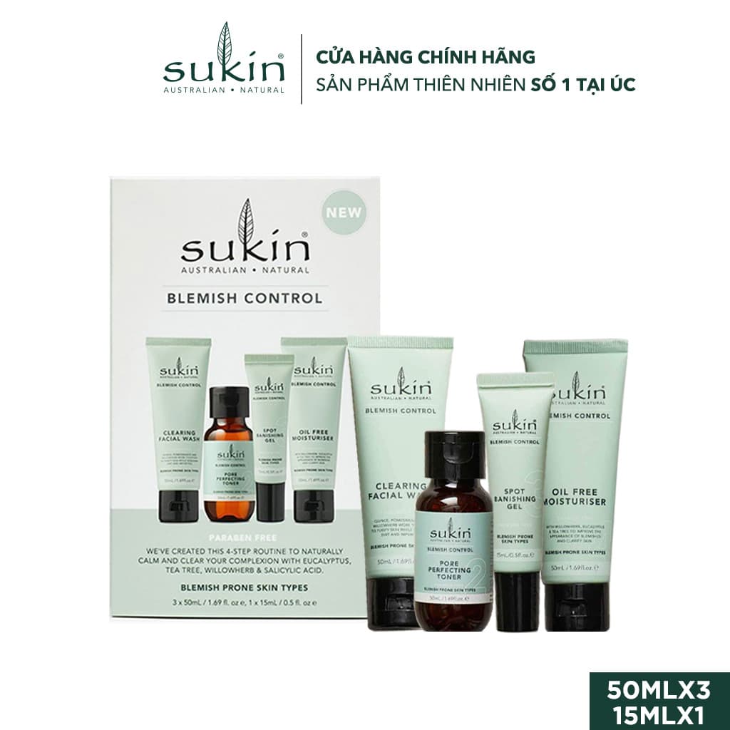 Bộ Chăm Sóc Da Mụn Toàn Diện Sukin Pack Blemish Control (Sữa Rửa Mặt 50ml + Toner 50ml + Gel Chấm Mụn 15ml + Dưỡng Ẩm 50ml)