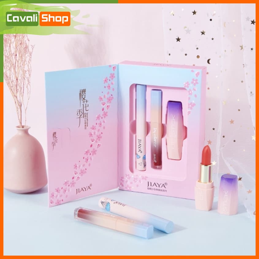 [TẶNG KÈM DƯỠNG DA TAY 30ML] Set trang điềm Jiaya hoa anh đào - Cavali - Set 3 món gồm son kem + son lì + mascara