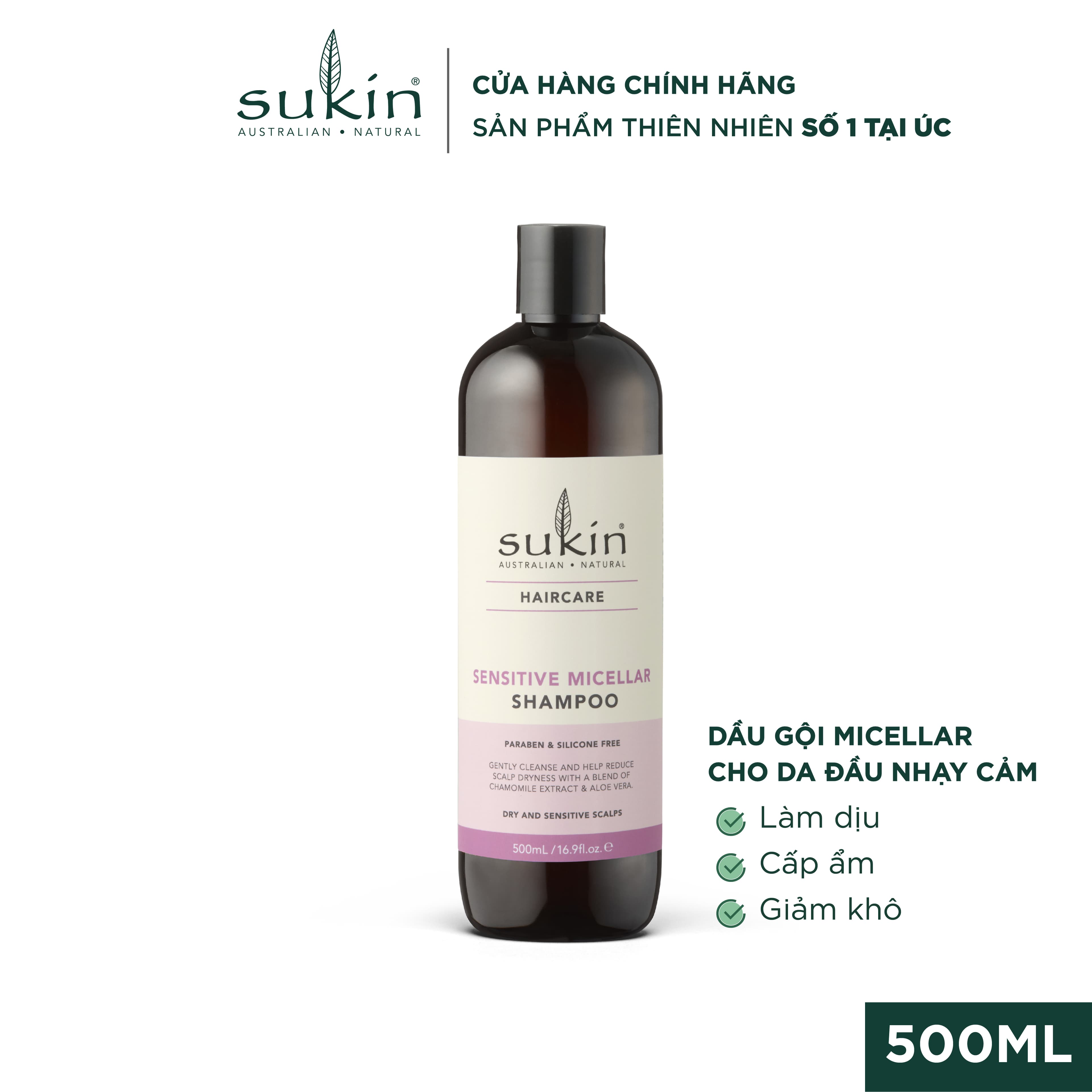 Dầu Gội Micellar Cho Da Đầu Nhạy Cảm Sukin Sensitive Micellar Shampoo 500ml