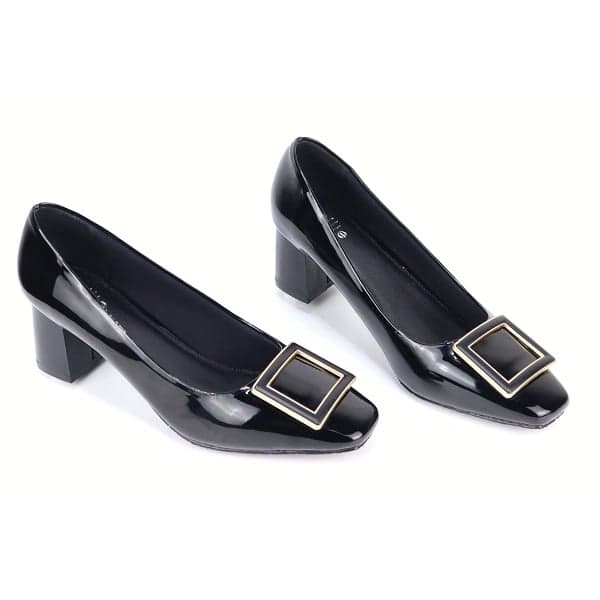 Giày Cao Gót Nữ Mũi Vuông Phối Khóa Da Bóng 6cm Cillie Màu Đen 1209 (Store 5703)