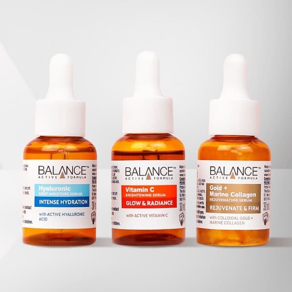 Bộ 3 Serum Trẻ Hóa, Làm Sáng Và Cấp Ẩm Sâu Balance Active Formula The Mighty Three Gold + Marine Collagen Rejuvenating Serum, Vitamin C
Brightening Serum, Hyaluronic Deep Moisture Serum 30ml X3 (WN)