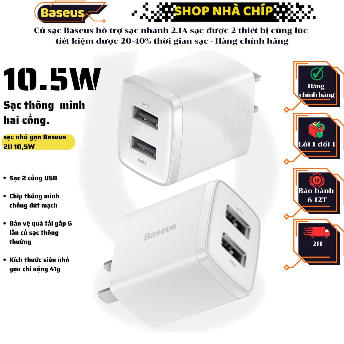 Củ sạc Baseus hỗ trợ sạc nhanh 2.1A sạc được 2 thiết bị cùng lúc tiết kiệm được 20-40 thời gian sạc - Hàng chính hãng