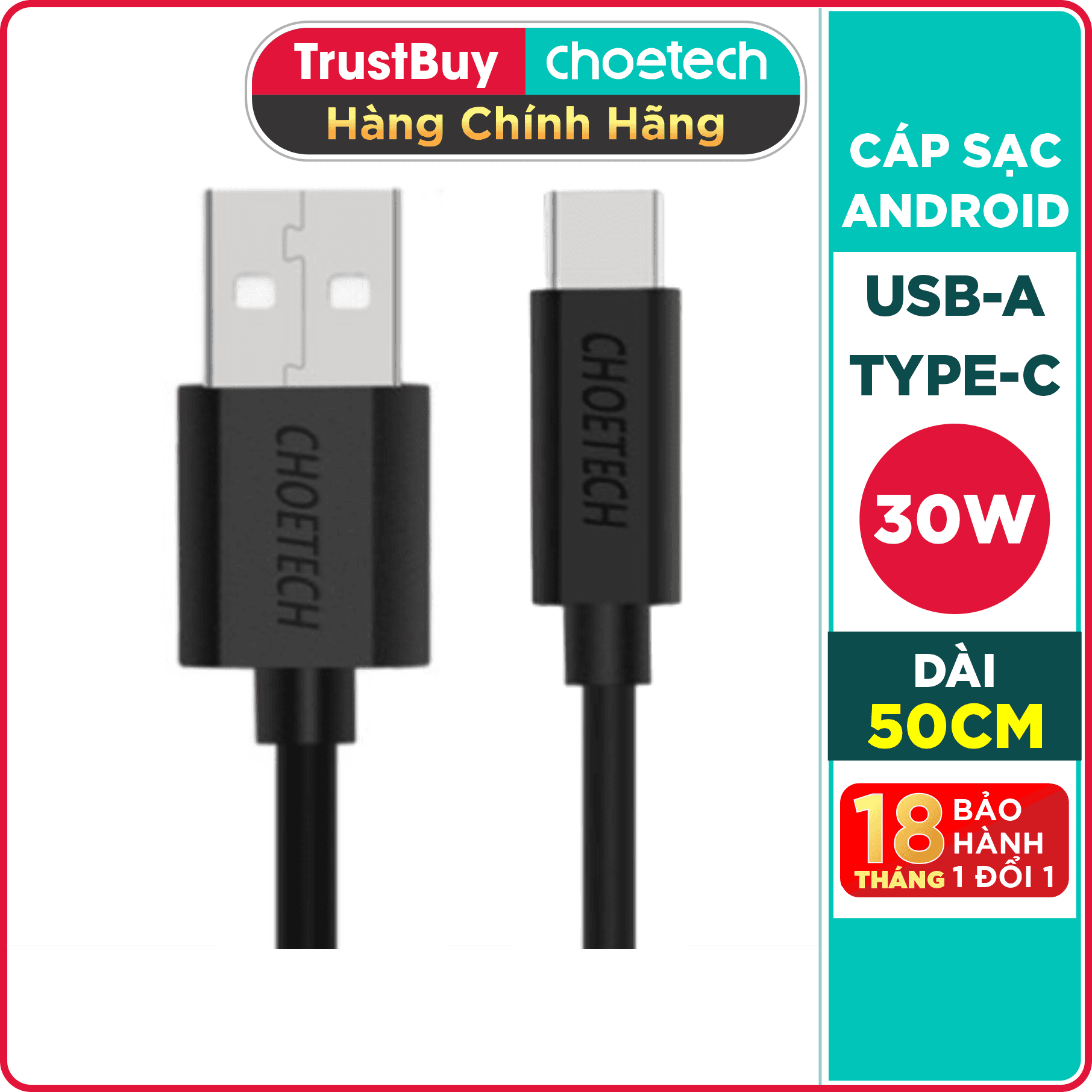 Dây Cáp Sạc Điện Thoại USB to USB Type C 30W Dài 0.5M Đến 2M CHOETECH AC0001AC0002AC0003 - Hàng Chính Hãng - 0.5M