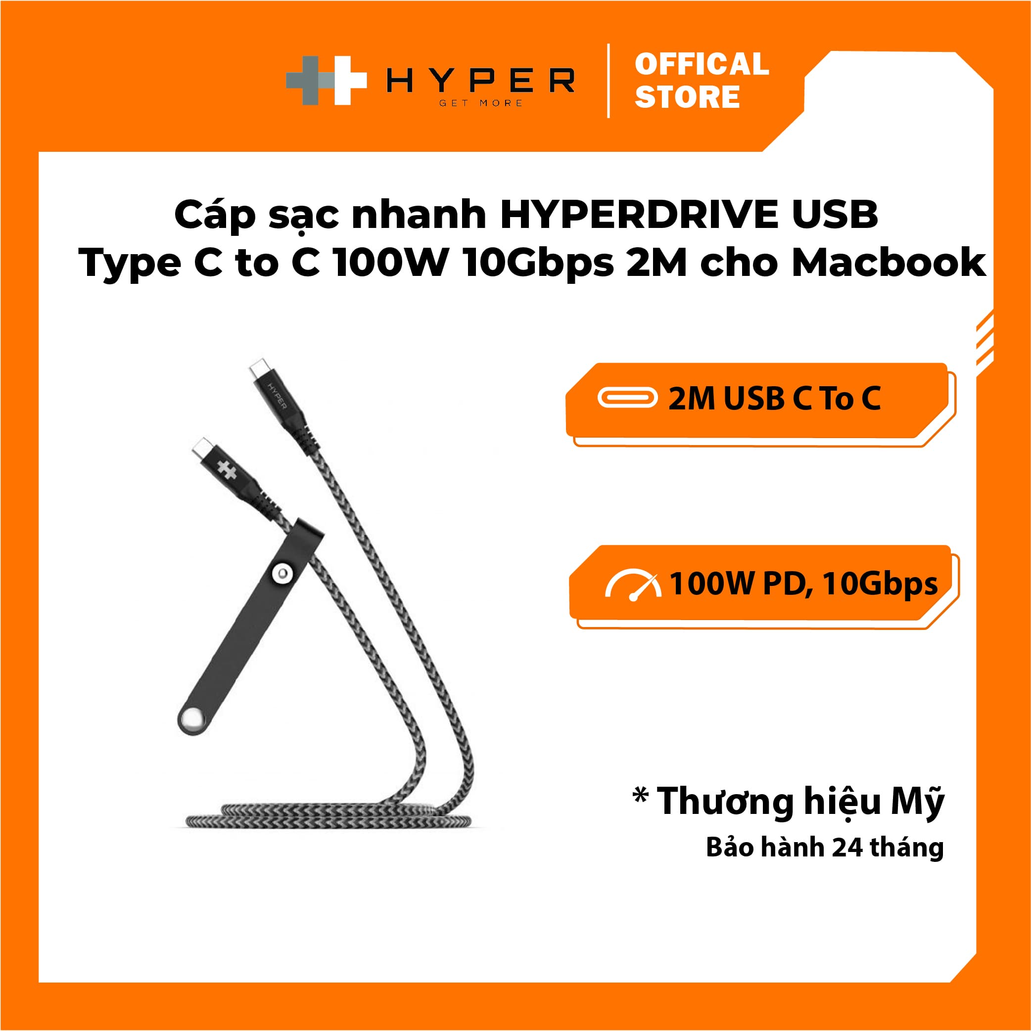 CÁP USB-C TO USB-C 2M HYPERDRIVE DATA & CHARGING 10GBPS 100W HD-CBG601 - Hàng chính hãng