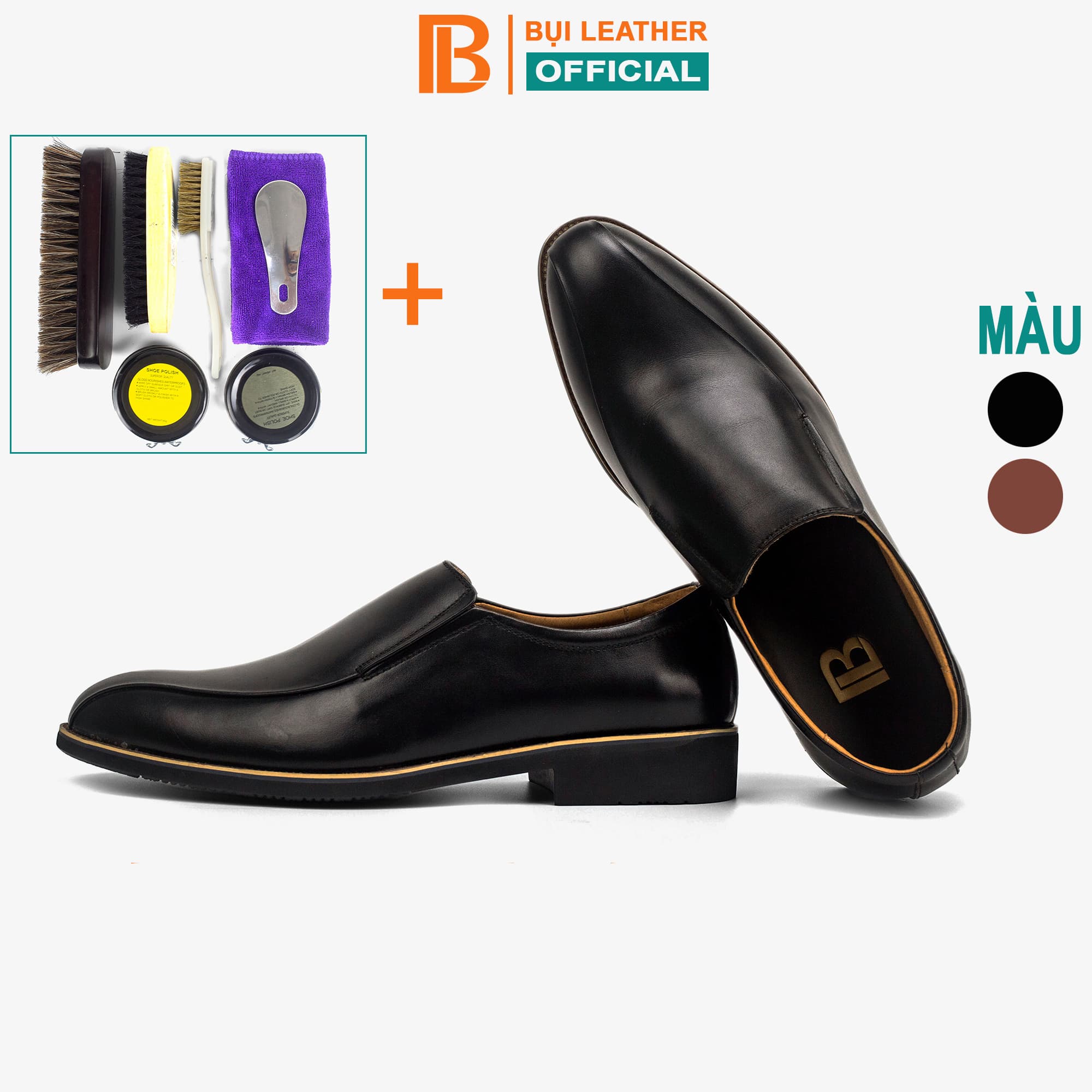Giày lười da nam công sở Bụi Leather G109 - Da bò Nappa cao cấp - Bảo hành 12 tháng - Màu đen Bộ vệ sinh - 38