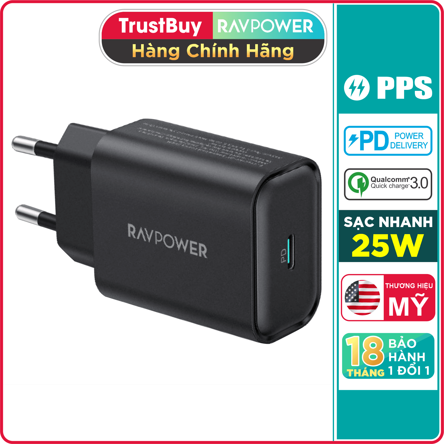Adapter Củ Sạc Nhanh Đến 25W Type C PPS PD 3.0 QC 3.0 RAVPower RP-PC156 Dành Cho Điện Thoại Samsung, iPhone, iPad - Hàng Chính Hãng - Màu Đen
