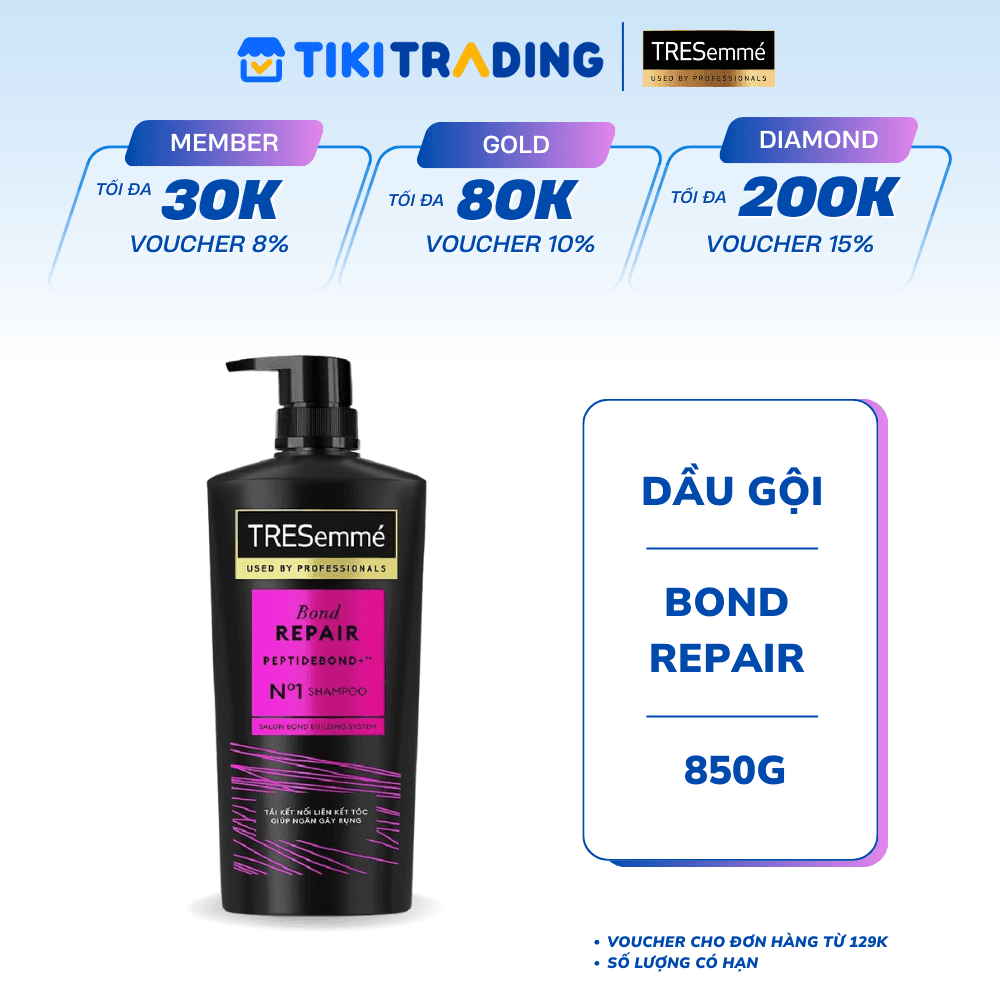 Dầu gội TRESEMME Salon Rebond dưỡng tóc hư tổn với Công nghệ Tái kết nối Keratin ngăn gãy rụng đến 98 850g