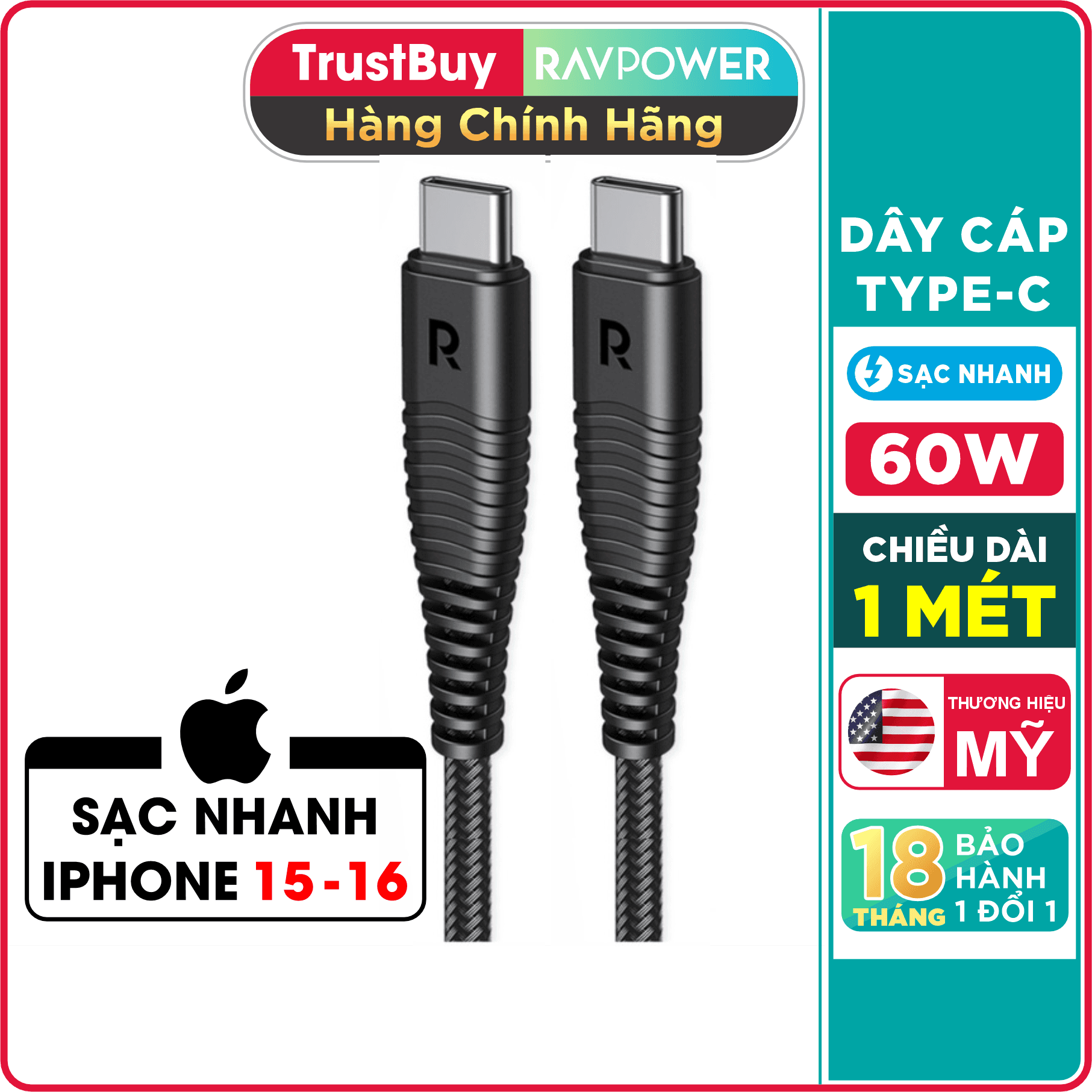 Dây Cáp Sạc Type C to C Sac Nhanh 60W, Dai 1m, Dây Du Nylon Siêu Bền RAVPower RP-CB047 - Hàng Chính Hãng - Đen