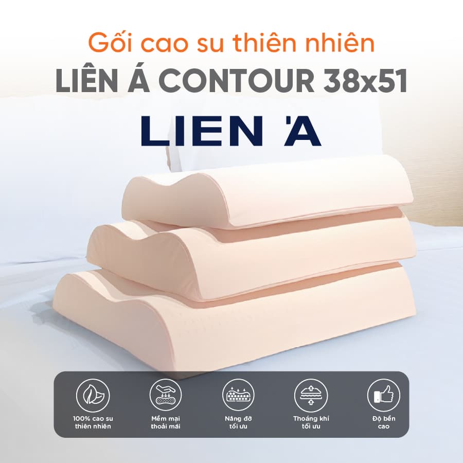 Gối Nằm Cao Su Thiên Nhiên Liên Á Contour- Chống đau mỏi vai gáy, hỗ trợ giấc ngủ, chống ngáy-100 cao su thiên nhiên - 38x51x10 cm