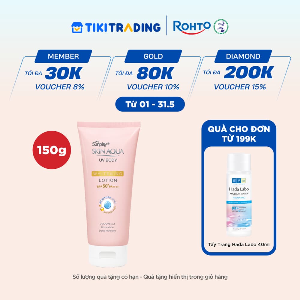 Kem chống nắng body Skin Aqua dưỡng trắng dùng hàng ngày Sunplay Skin Aqua UV Body Whitening Lotion SPF 50 PA 150g