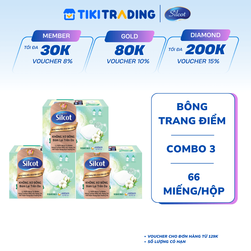 Bộ 3 Hộp Silcot Bông Trang Điểm bông tẩy trang Nhật Bản Cao Cấp 66 MiếngHộp