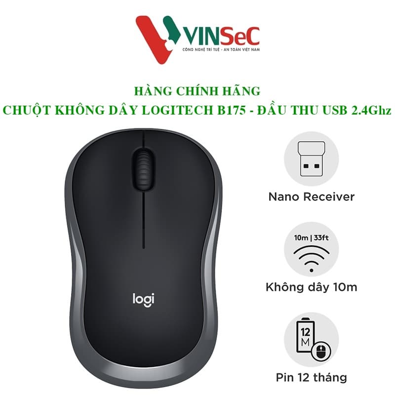 Chuột không dây Logitech B175 - đầu thu USB 2.4Ghz, pin 1 năm, nhỏ gọn, thiết kế thuận cả 2 tay, phù hợp PC Laptop - Hàng chính hãng