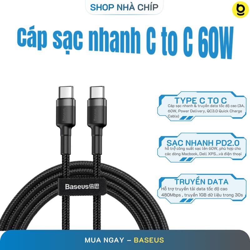 Cáp sạc nhanh Type-C PD2.0 60W cho MacBook, iPad Pro, Samsung, HTC, Xiaomi Baseus Cafule dài 1m - Hàng chính hãng Xám