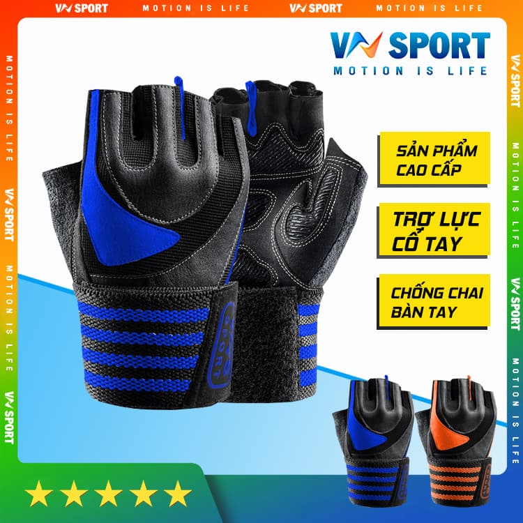 Găng Tay tập Gym Có dây Quấn Trợ Lực Cổ Tay VNS002 WEIGHT LIFTING GLOVES, Găng Tay Tập Gym Cao Cấp Có Phủ Da Trên Mu bàn Tay, Chống Chai Sần Lòng Bàn Tay, Bảo Vệ Khớp Cổ Tay - M - xanh dương