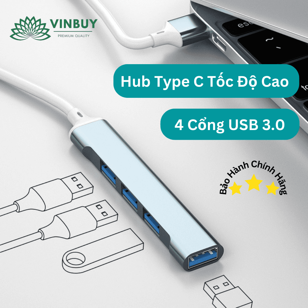 Hub USB 3.0 Và Hub Type C Đầu Ra 4 Cổng USB 3.0, Cổng Chuyển Đổi Dành Cho Macbook, Laptop, PC - Hàng Chính Hãng - ĐẦU CẮM TYPE C - MÀU BẠC