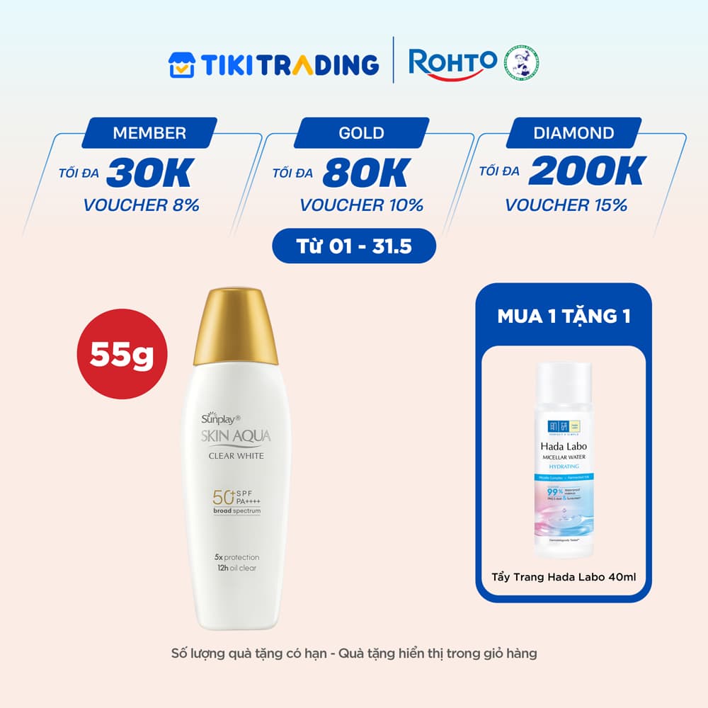 Kem chống nắng Skin Aqua dưỡng trắng, kiểm dầu, dùng hàng ngày dạng sữa Sunplay Skin Aqua Clear White Eco Việt Nam SPF50, PA 55g