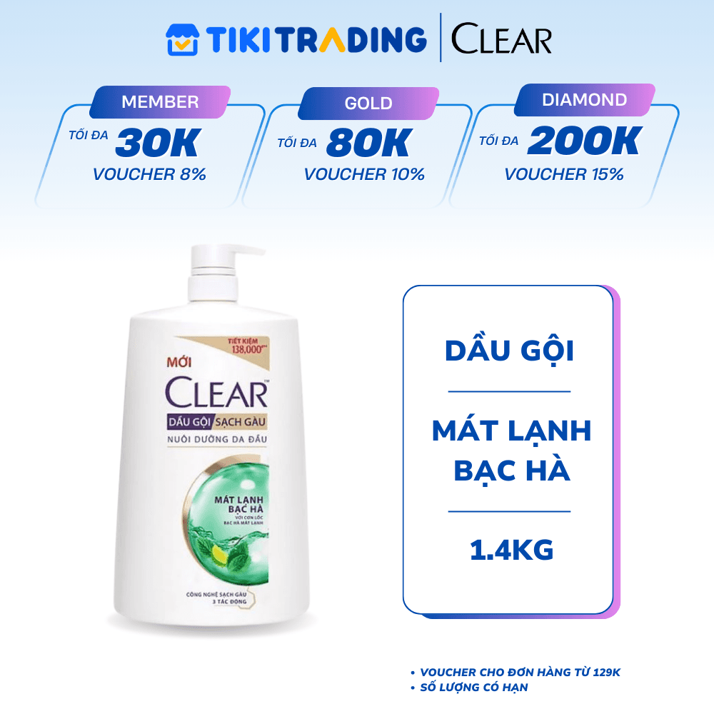 Dầu gội đầu Clear Mát Lạnh Bạc Hà sạch gàu ngứa và vi khuẩn suốt 48 Giờ 1.4kg