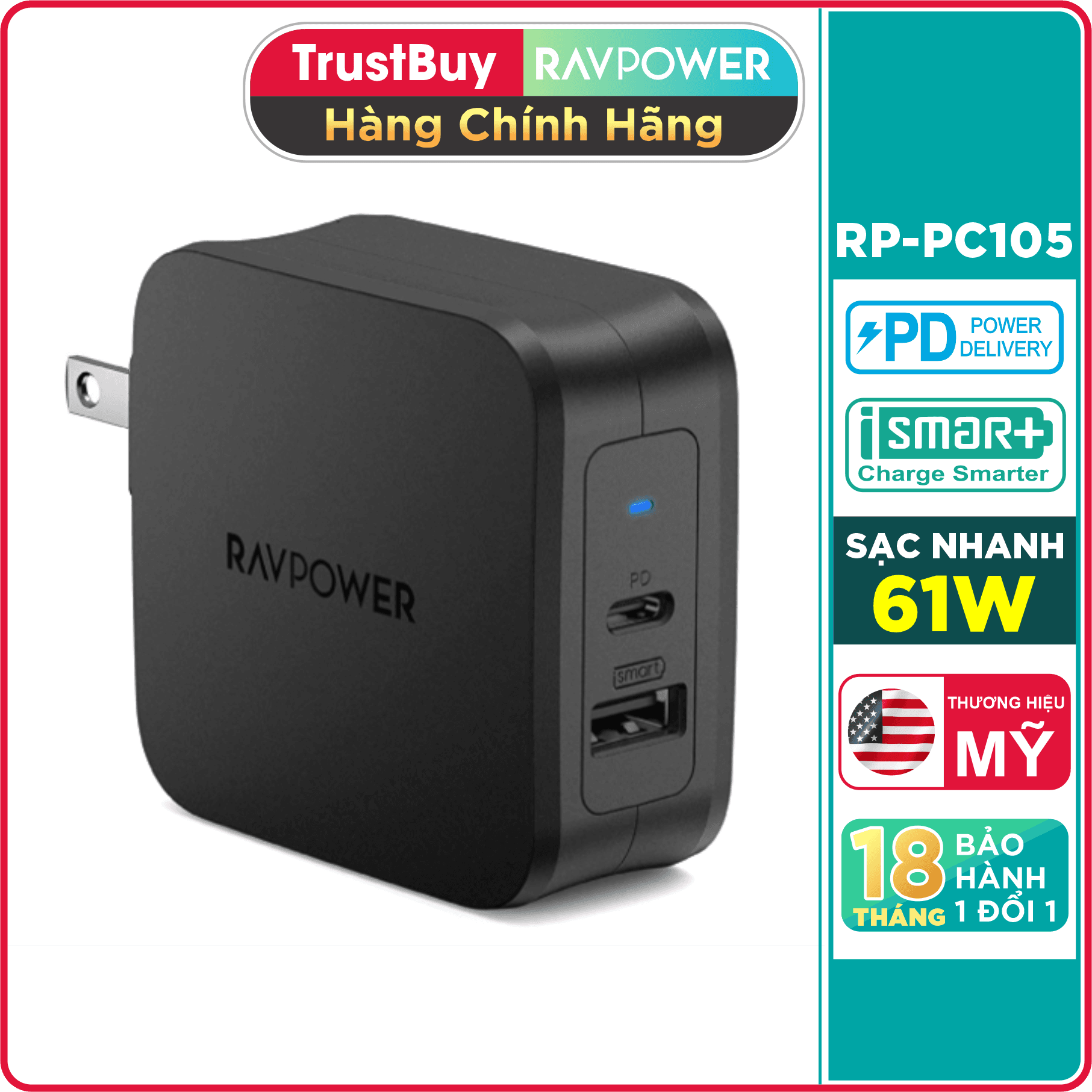 Adapter Sạc 2 Cổng Tích Hợp Type-C InOut Hỗ Trợ Sạc Nhanh PD Power Delivery 61W RAVPower RP-PC105 - Hàng Chính Hãng - Đen