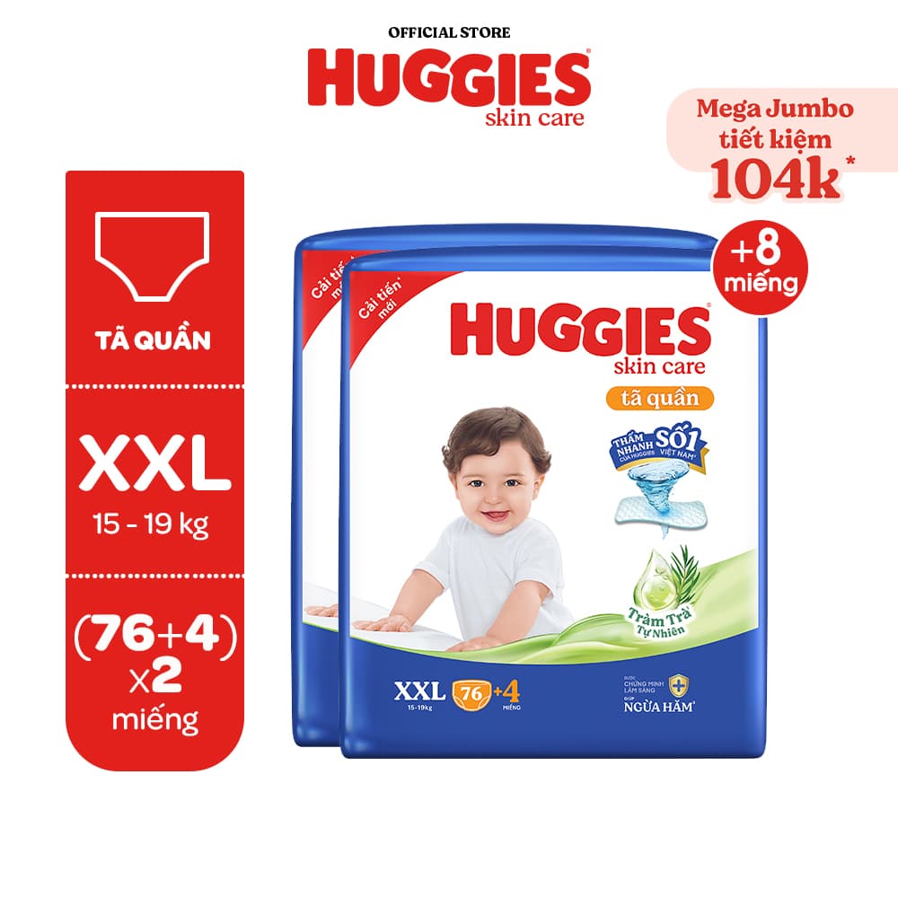 Bao bì và CTKM thay đổi theo từng lô hàng Combo 2 gói Tã quần Huggies Skincare Mega Jumbo M106L968XL844XXL764 với tràm trà dịu da - XXL 76 miếng4Mgói