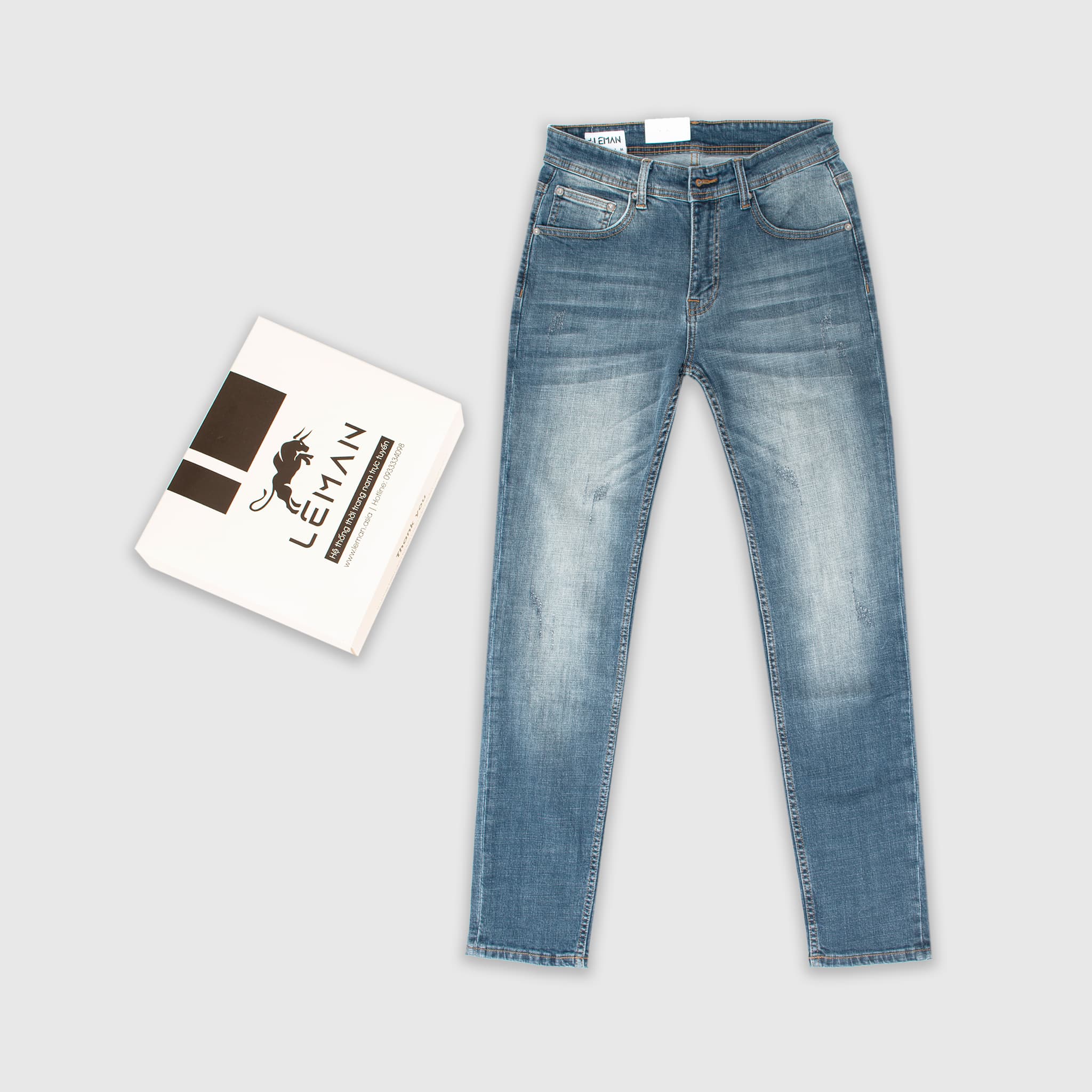 Quần Jean nam Leman xanh mài xước trơn JD15 - Slim Form Tôn Dáng - 31 - Xanh Mài