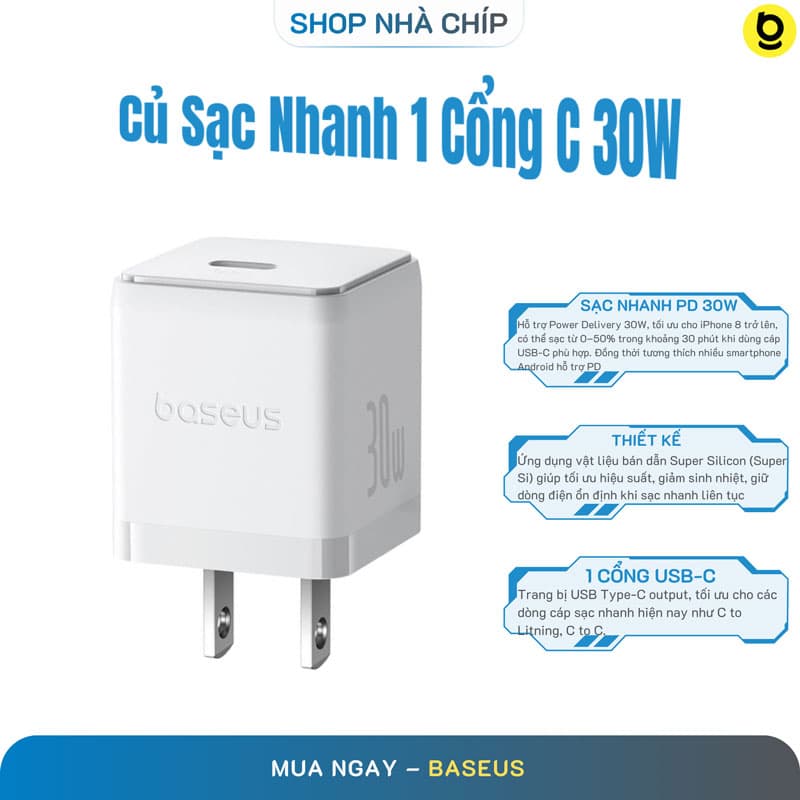 Củ sạc nhanh Baseus 30W, Củ sạc Baseus Si 30W, Củ sạc Baseus Super Si Quick Charger 30W dùng cho iPhone Samsung OPPO... 30W, Type C, PD QC3.0 Quick charger - Trắng