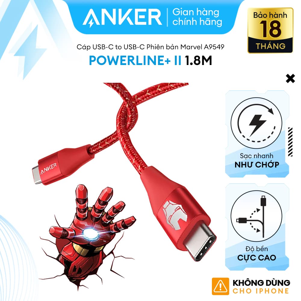 Cáp sạc ANKER PowerLine II USB-C TO USB-C dài 1.8M- A9549 - Hỗ trợ sạc nhanh thông qua củ sạc PD hoặc PiQ 3.0 - Red Iron Man