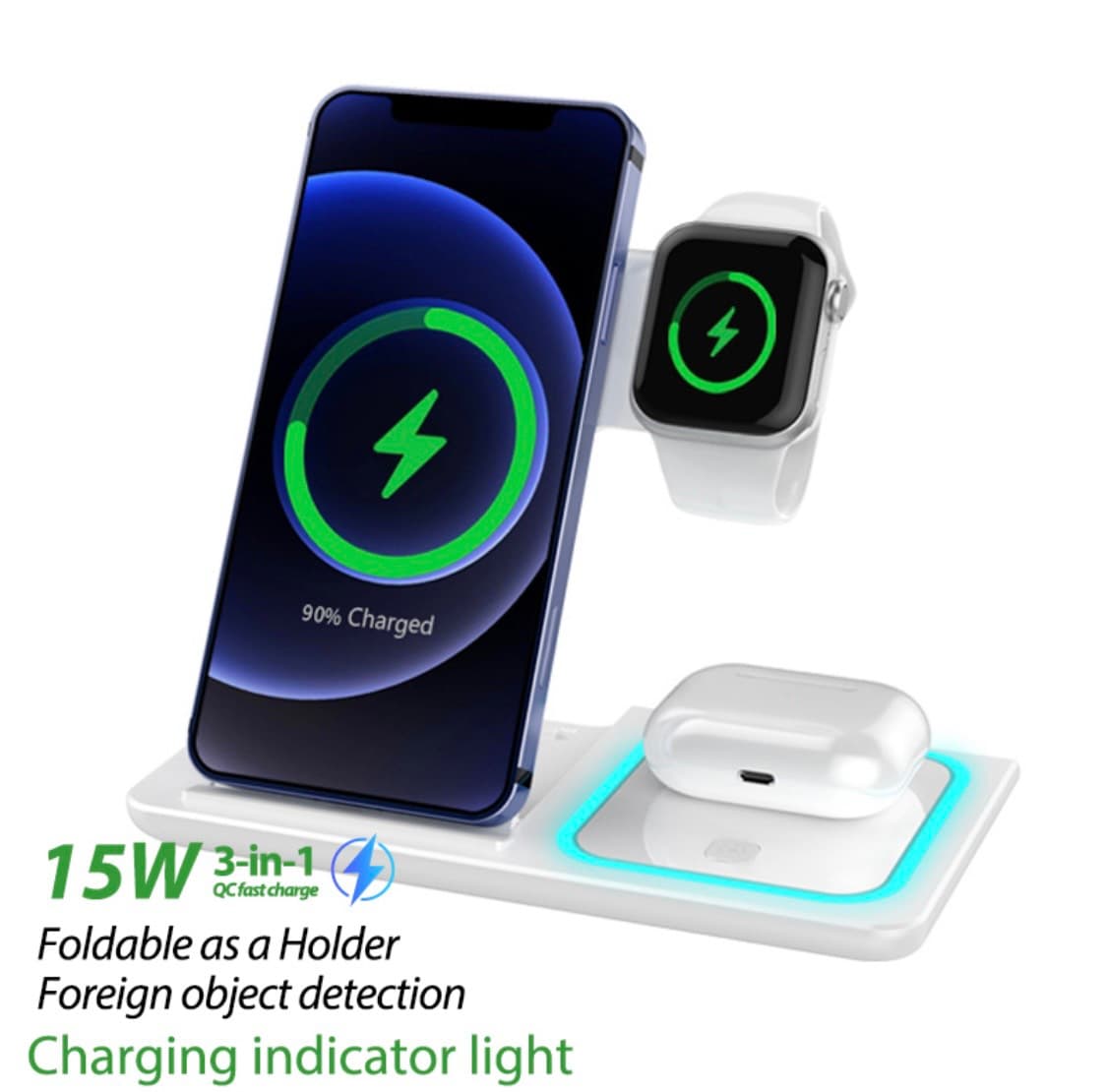 Đế Sạc Nhanh Không Dây Đa Năng 3in1 Remax RP-W53 - Hỗ Trợ Sạc Nhanh Lên Đến 15W - Hàng Chính Hãng - Trắng