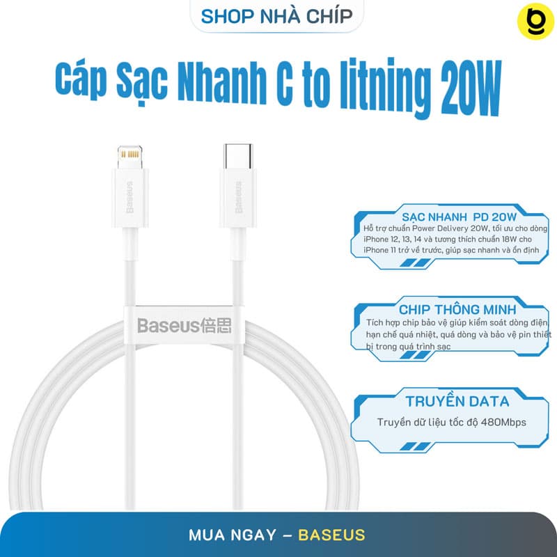 Cáp sạc nhanh siêu bền IP 20W Baseus Superior Series Fast Charging Data Cable Type-C to iP PD 480Mbps-Hỗ trợ sạc nhanh PD 20W trên iPhone 12 PD 18W trên iP11 iP XS Max- Hàng chính hãng - Trắng - 1 mét
