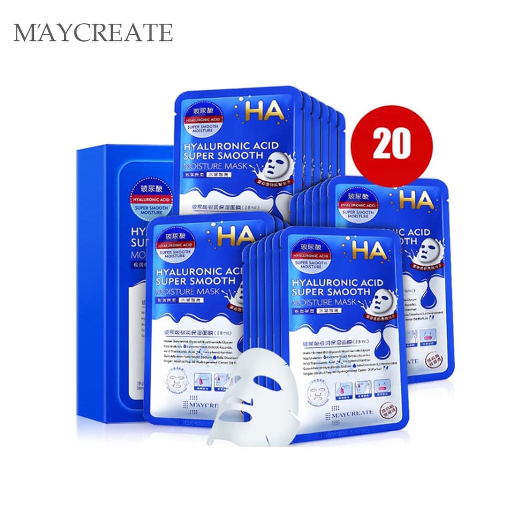 Bộ 20 miếng mặt nạ đắp mặt siêu cấp ẩm MayCreate HA Xanh Hyaluronic Acid Super Smooth Moisture Mask