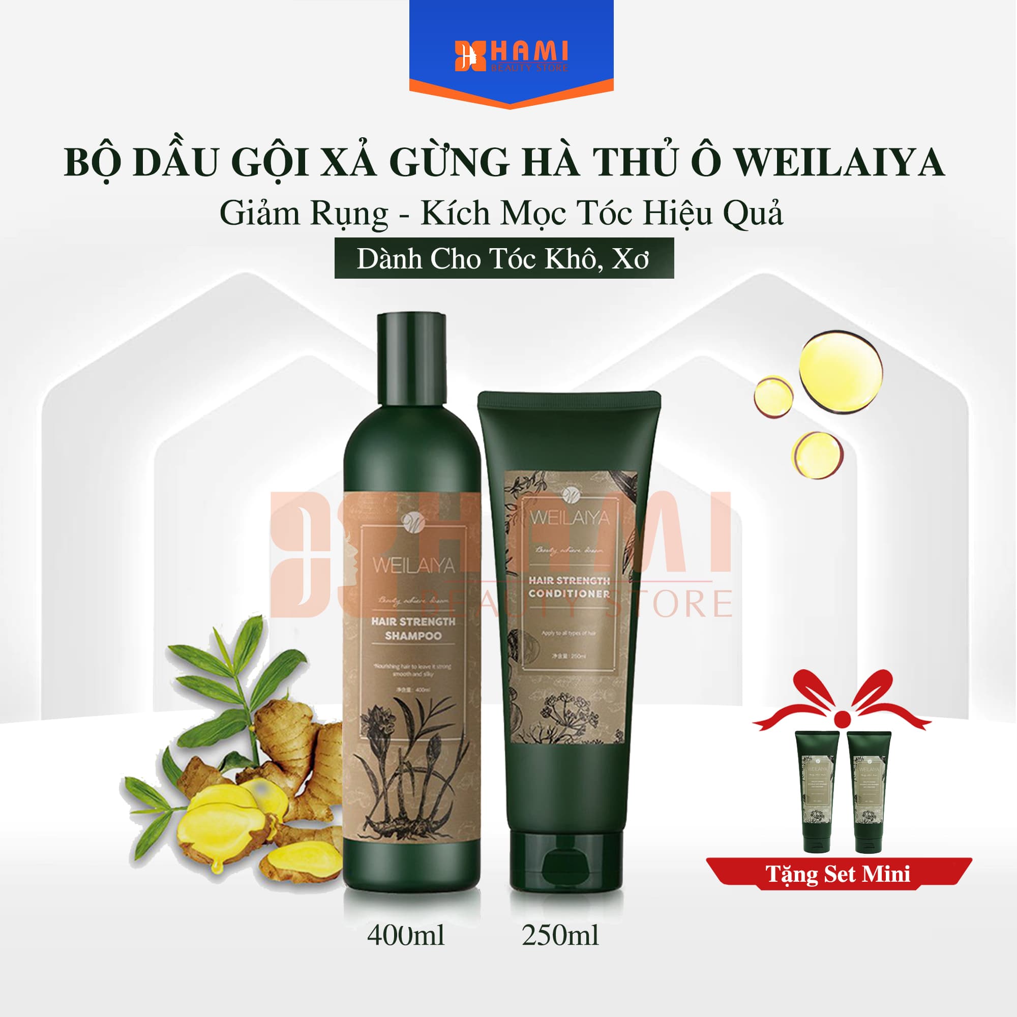 Dầu gội xả gừng hà thủ ô Weilaiya hỗ trợ giảm rụng kích mọc tóc nhanh 400ml + 250ml (Tặng set mini)