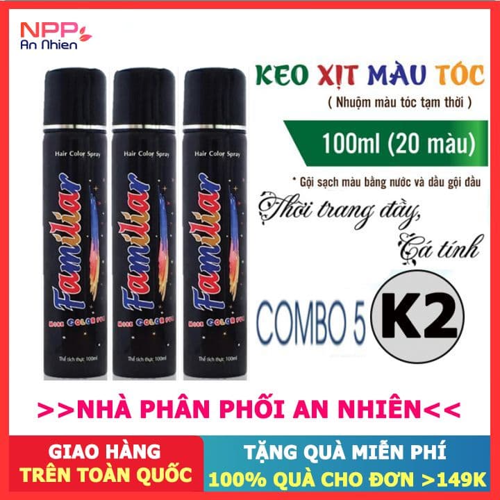 Combo 5 chai Xịt tóc màu tạm thời chuẩn salon Familiar 100ml (K2 màu xám khói)- Đơn 300k nhận quà 30K NPP AN NHIÊN