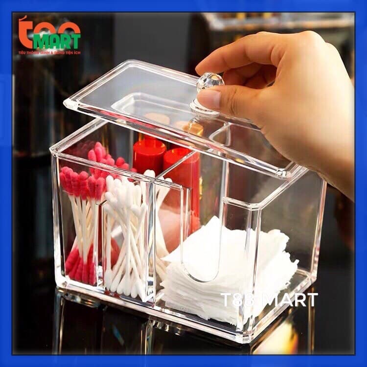 Hộp đựng bông tẩy trang son môi bộ trang điểm phụ kiện tăm bông để bàn nhiều ngăn. Chất liệu mica trong suốt loại dày siêu bền đẹp tiện lợi vệ sinh ngăn nắp. Thanh toán khi nhận hàng