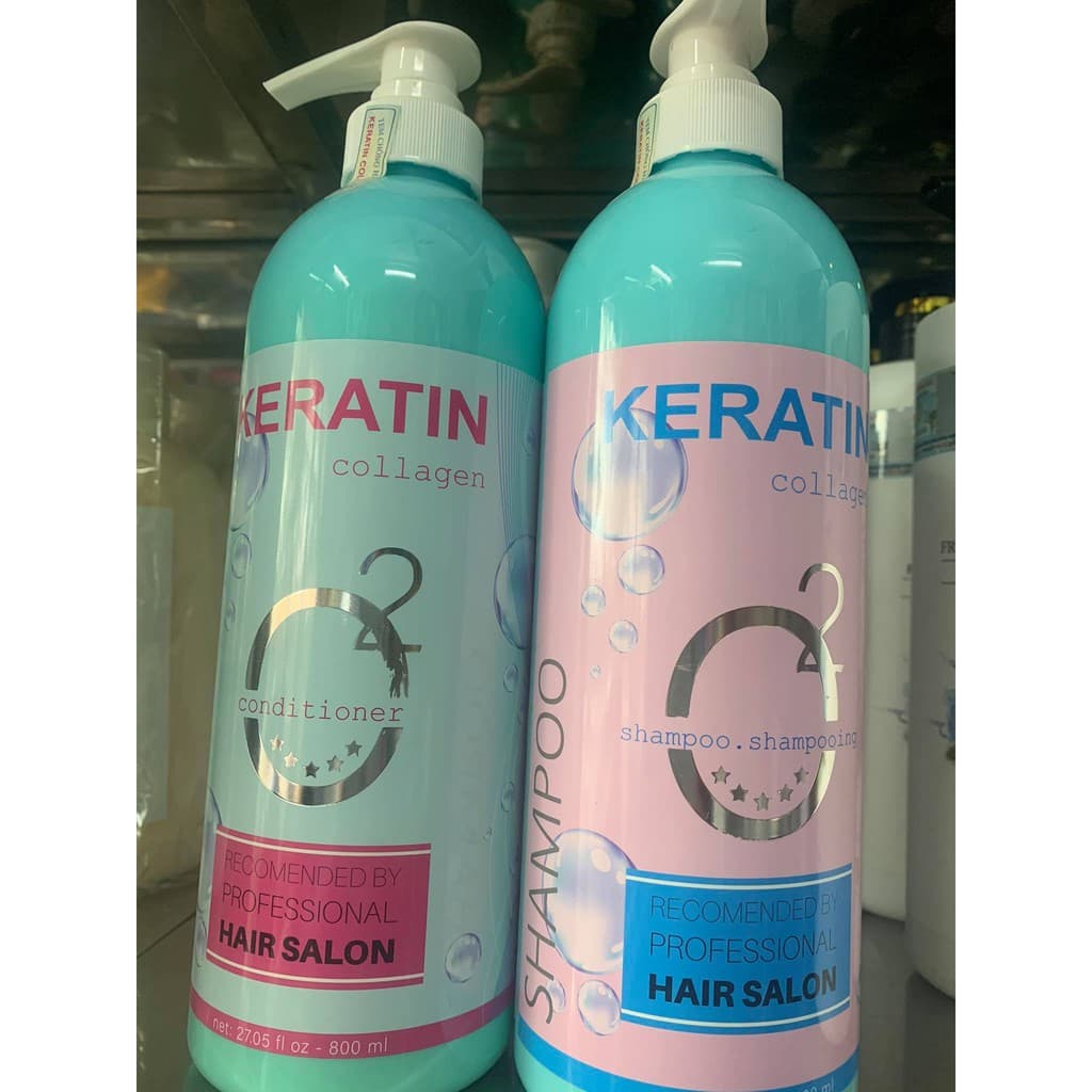 Cặp Dầu Gội Xả Keratin Collagen O2 siêu mượt 800ml x2