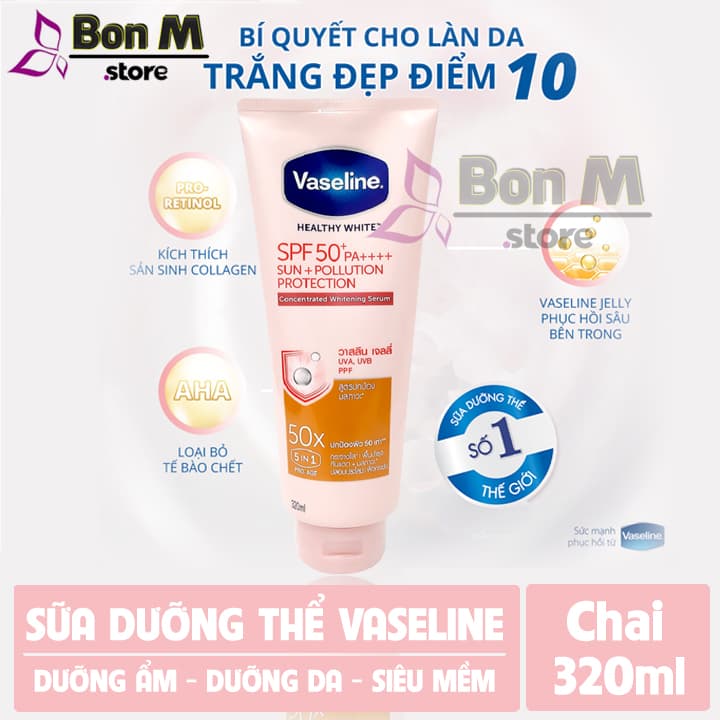 Sữa dưỡng thể vaseline 50x Thái lan trắng da toàn thân kết hợp chống nắng hiệu quả (320ml)
