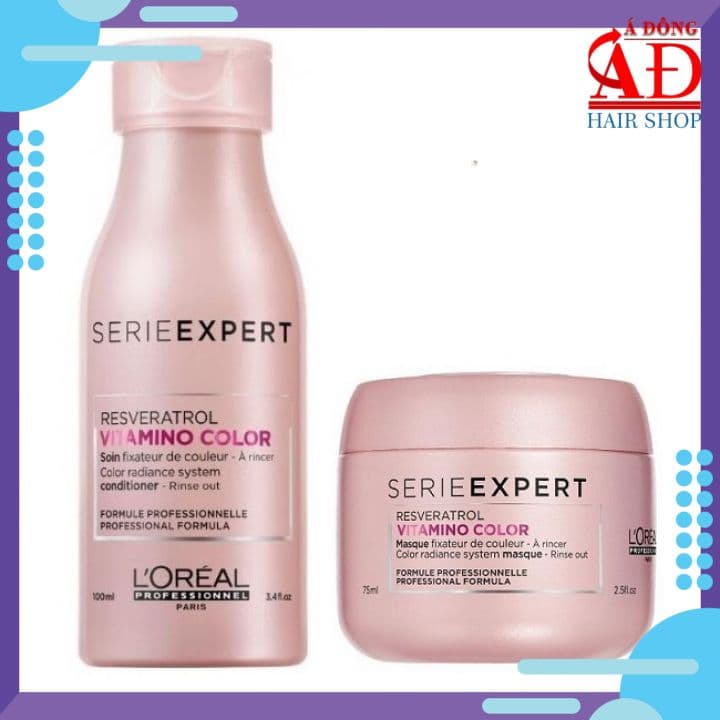 Bộ dầu gội ủ Loreal Vitamino Resveratrol Serie Expert mềm mượt giữ màu tóc nhuộm Spain Mini du lịch 100ml/75ml