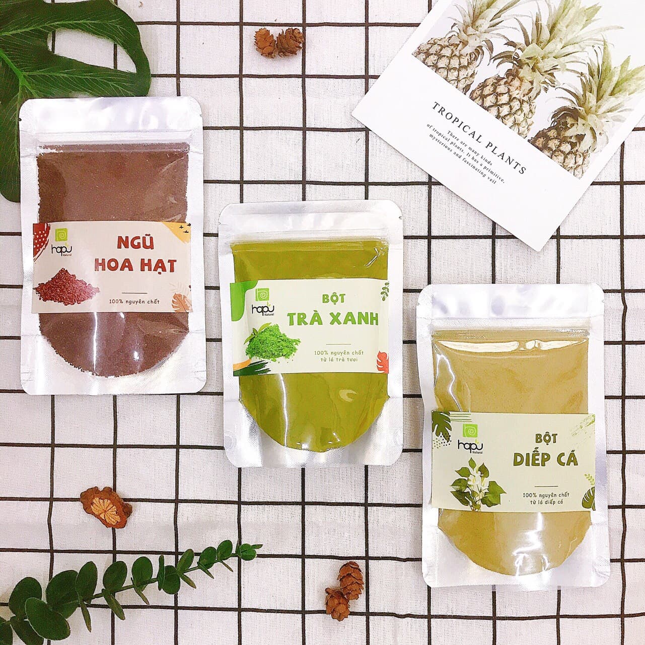 Combo Chăm Sóc Da Ngũ hoa hạt Bột trà xanh Bột diếp cá HaPu Organic Bột Thiên Nhiên Đắp Mặt