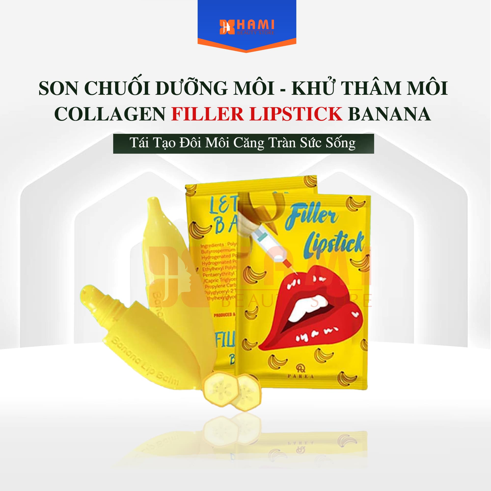 Son chuối dưỡng môi khử thâm môi collagen filler lipstick banana