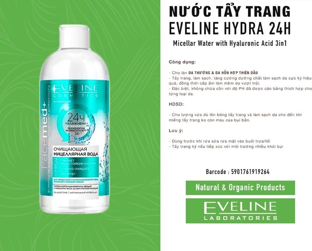 Nước tẩy trang Eveline xuất xứ Nga không cồn dành cho da thường da dầu da hỗn hợp giúp làm sạch da sau lớp bụn lớp trang điểm giúp làn da sạch se khít lỗ chân lông 400ml