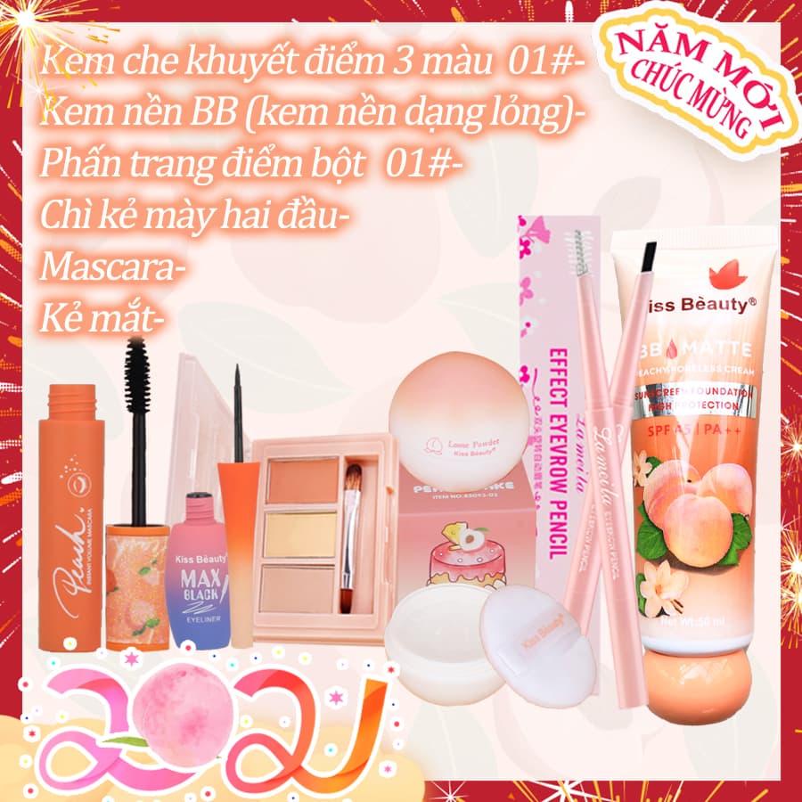 【Kiss Belle Shop】Bộ trang điểm mắt cá nhân KISS BEAUTY-6 món (Kem BB + Kem che khuyết điểm 3 màu + Phấn Phủ trang điểm bột+Chì kẻ mày + Kẻ mắt + Mascara)