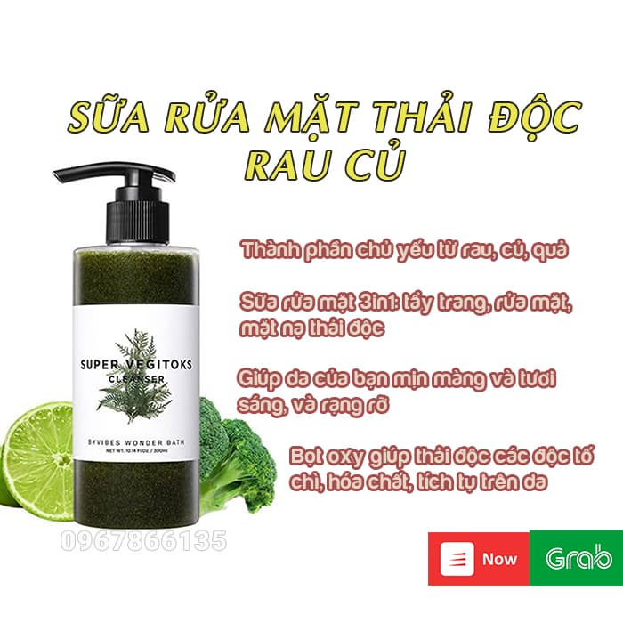 Sữa rửa mặt rau củ thải độc Super Vegitoks Cleanser bivibes Wonder Bath màu xanh 300ml+ tặng kèm lọ 50ml