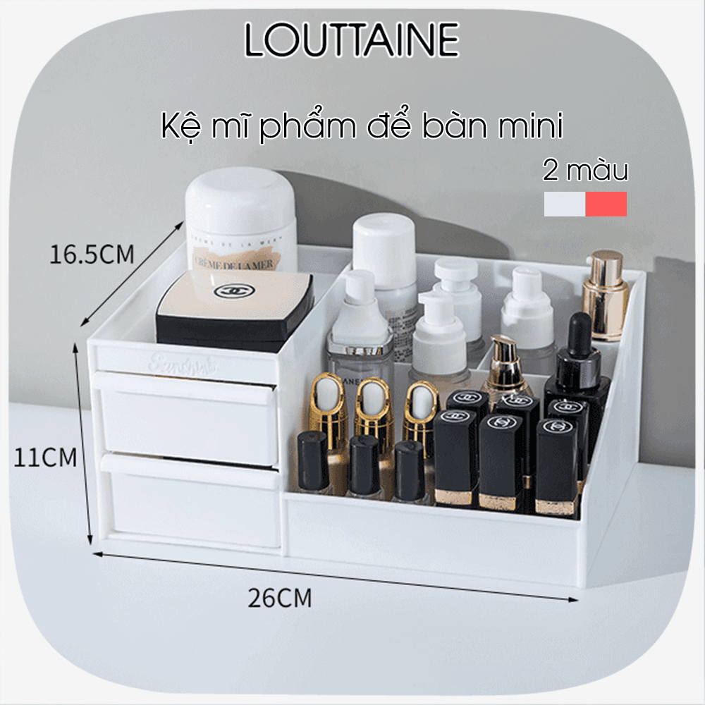 Kệ đựng mỹ phẩm để bàn 3 tầng 2 ngăn kéo hộp đựng đồ trang điểm makeup bằng nhựa PP cao cấp 2 màu trắng hồng size 25.5x16x11cm